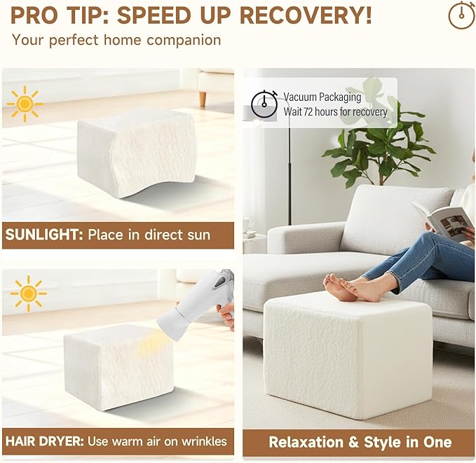 Tiita Square Stuffed Pouf Ottoman, Plush Poufs with Foam Chunk Filling, Foot Rest Stool for Living Room, Cream