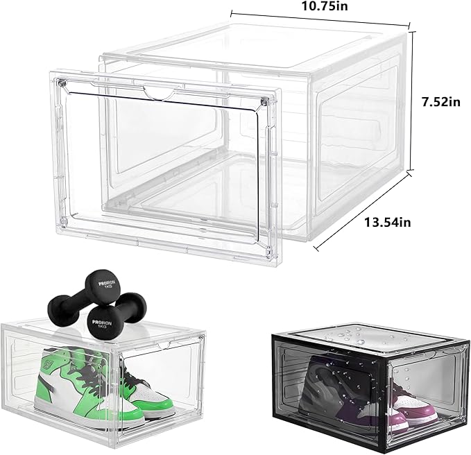 Attelite Upgrade 12pack Shoe Box Storage Containers,Thicken Sturdy Clear Stackable Plastic Shoe Organizer Box with Magnetic Door, X-Large Drop Front Shoe Box