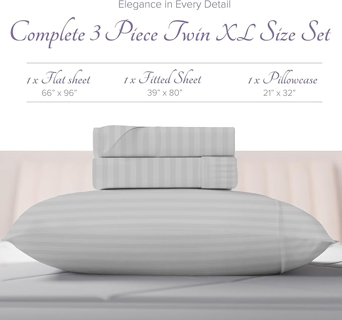 Carressa Linen Striped Egyptian Cotton Sheets Twin XL Size - 600 Thread Count 3 PC Damask Twin XL Sheets Deep Pockets, Sateen Weave College Dorm Bedding Twin XL, Fits Mattress Upto 18" - Silver