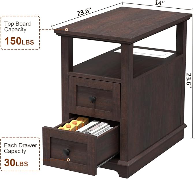 HIFYOBRO Narrow End Table with Flip Top Charging Station, Side Table with 2 Drawers, Type-C & USB Port & Power outlets, Wooden Storage Cabinet, Side Table with Storage for Living Room and Bedroom
