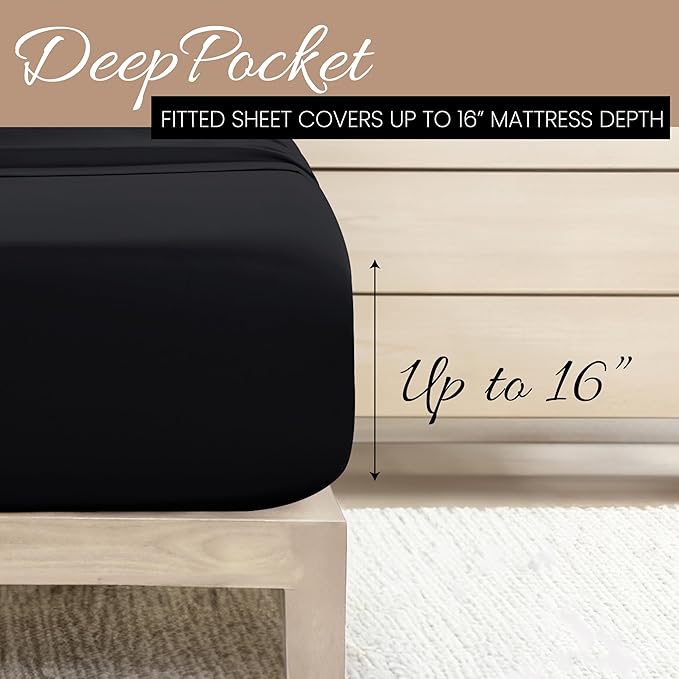 Linen Market Brushed Microfiber King Sheet Set 4 Piece – Oeko-TEX Certified Ultra Soft & Wrinkle-Free - 16" Deep Pocket Sheets - Easy Care King Size - Black