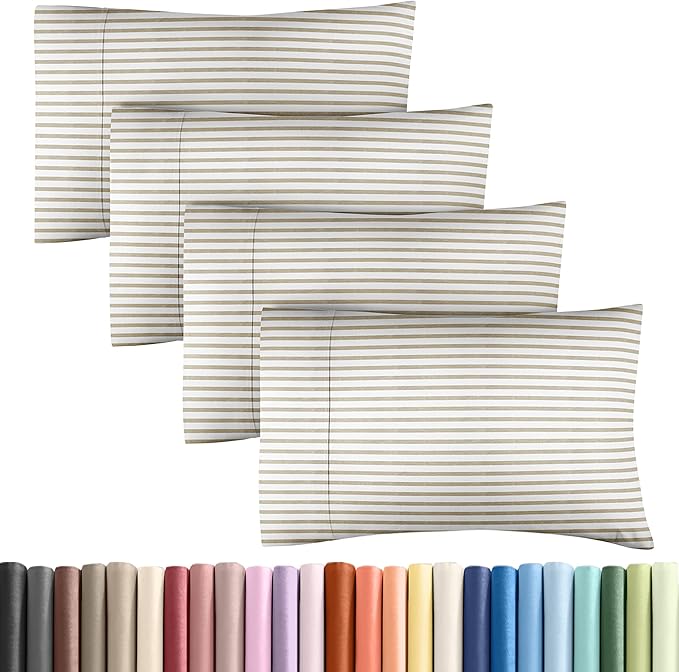 King Pillow Cases Set of 4 - Ultra Soft Hotel Quality Pillowcase Covers - Comfy, Cozy & Wrinkle Free - Shrinkage and Fade Resistant - Machine Washable Pillow Protectors - 4 Piece Set - Beige Stripes 2