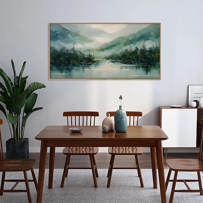 LHIUEM Large Foggy Forest Mountain Framed Canves Wall Art Set,Nature Green Watercolor Artwork,Abstract Modern Landscape Pine Tree Painting for Living Room,Bedroom,Office- 20''x40''x1