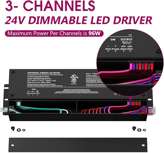 EMITEVER 288W Dimmable LED Driver, 24V 5-in-1 Dimmable Power Supply,3-Channels AC to DC Transformer for LED Light, Compatible with Lutron and Leviton Dimmer, Waterproof IP67 and UL Listed, Class 2