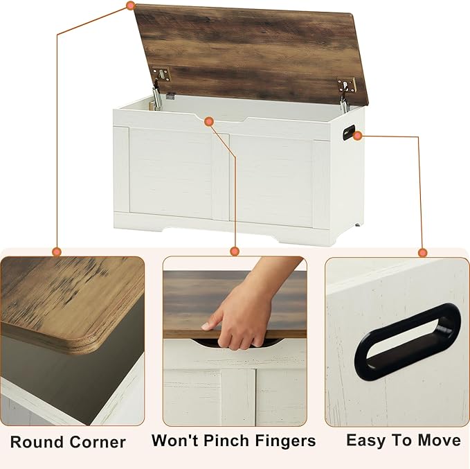 Timberer 31.5" Storage Chest, Wooden Storage Bench, Lift Top Toy Chest with 2 Safety Hinges, Large Toy Box, Entryway Shoes Bench for Living Room, Bedroom, Brown and Rustic White