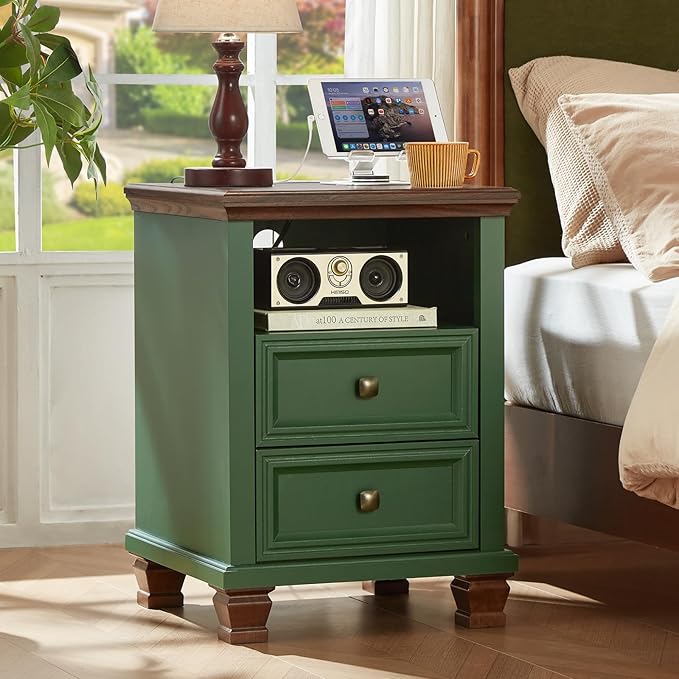 SAVOR LIFE Farmhouse Nightstand Set of 2 with Charging Station, Rustic Green Nightstand,2 Drawers End Table for Living Room,Bedside Table with Open Shelf for Bed Room,Green