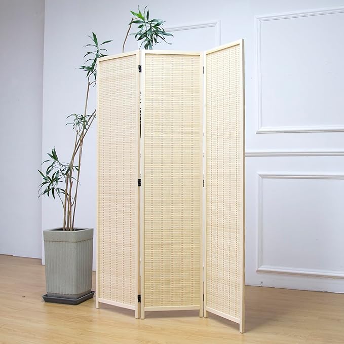 Furnnylane 3 Panel Room Divider and Folding Panel Screen,Bamboo Panel Divider Screen for Room Separation,Beige,67" H x 46" W