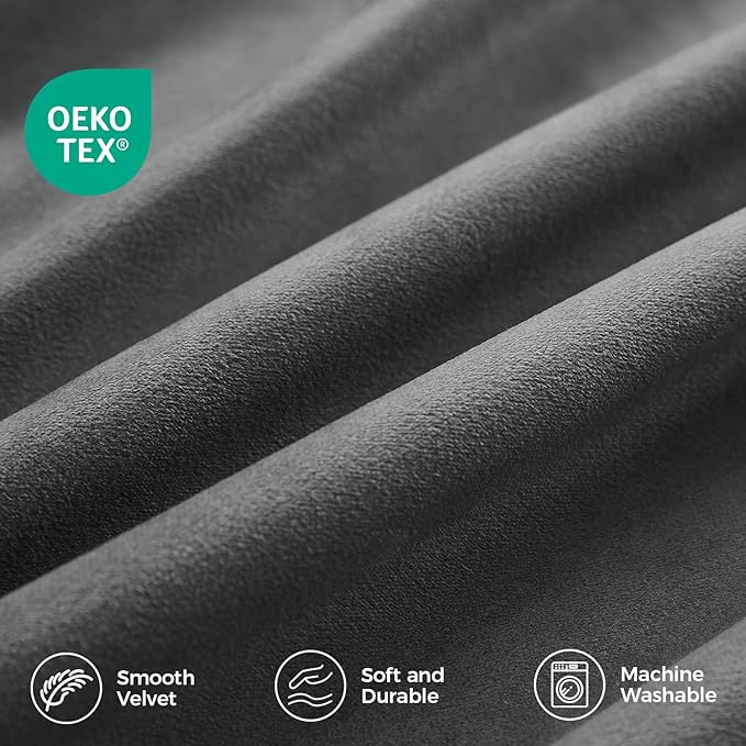 Pinch Pleated 100% Blackout Curtains for Bedroom, Grey Velvet Curtains for Living Room, Black Out Curtain 90 inch Long Room Darkening, Blackout Pinch Pleat Drapes with Hooks 2 Panels
