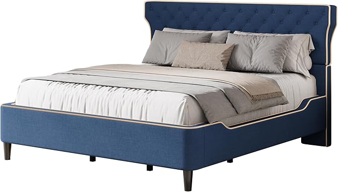Christopher Knight Home Salus Linen Upholstered Queen Size Bed Frame with Headboard, Modern Queen Bed Frame and Headboard, Wooden Slats Support, Easy Assembly, No Box Spring Needed, Blue