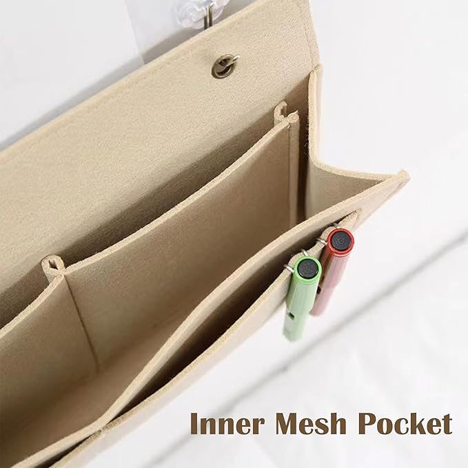 Bedside Caddy, 5 Pockets Felt Bedside Storage Organizer, Hanging Storage Organizer for Home Bedroom Living Room College Dorm Bed Water Bottles, Magazines, Phone, Glasses (Gray)