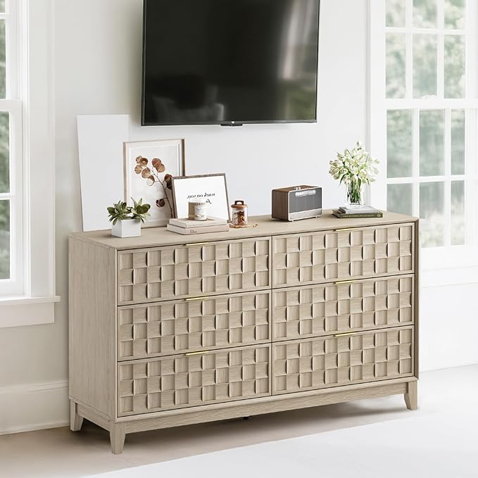 COLAMY Fluted Dresser, Modern Wooden 6 Drawer Dresser 55”, Side Board Buffet Storage Cabinet, Accent Cabinet with Metal Handles for Bedroom, Entryway, Hallway, Oak