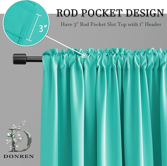 DONREN Blackout Curtains for Bedroom Drapes Turquoise Window Curtains - 2 Panels Thermal Insulated Rod Pocket Nursery Curtains,42 W x 72 L