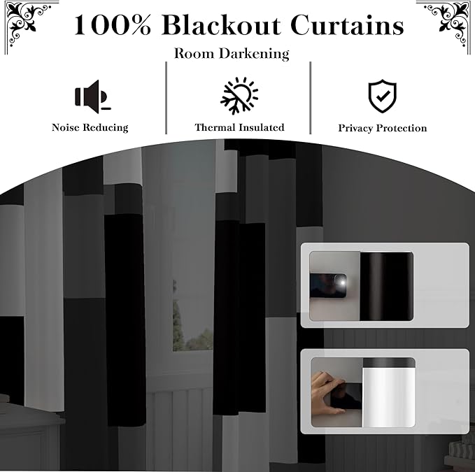 Black Grey 100% Blackout Curtains for Bedroom 84 inch Length 2 Panels Set White Grey Modern Abstract Geometric Black Out Curtains Insulated Room Darkening Window Drapes for Living Room, 42Wx84L