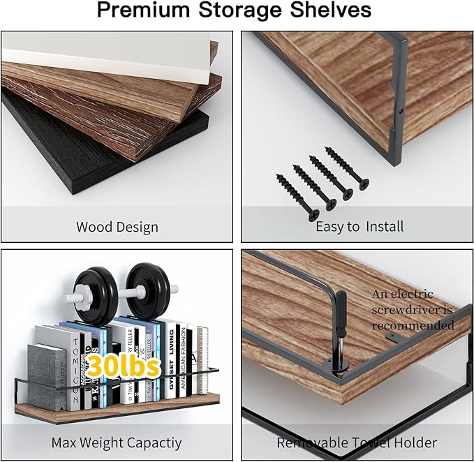Shario Rustic Wood Floating Shelves - Set of 2, Wall Mounted Hanging Shelves with Black Towel Rack, Decorative Storage Shelves for Bathroom, Kitchen, Living Room & Bedroom (Light Wood, 15.7 Inches)