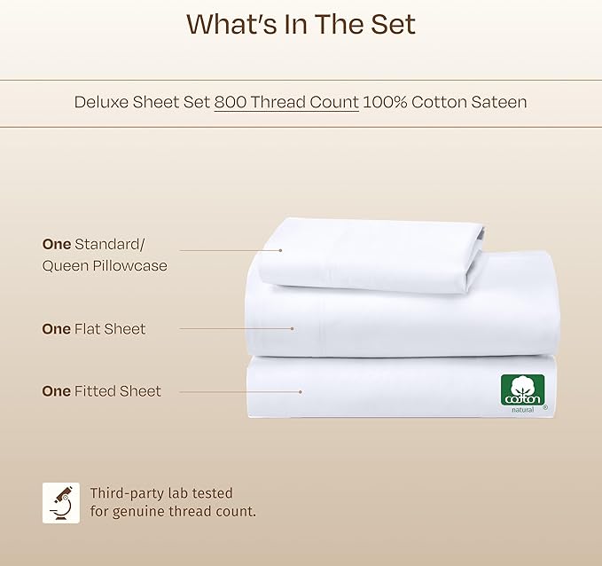 California Design Den Luxury Twin Sheets Set - Buttery Soft 800 Thread Count, 100% Cotton Sheets Sateen, Deep Pockets, Durable Bedding Set - White