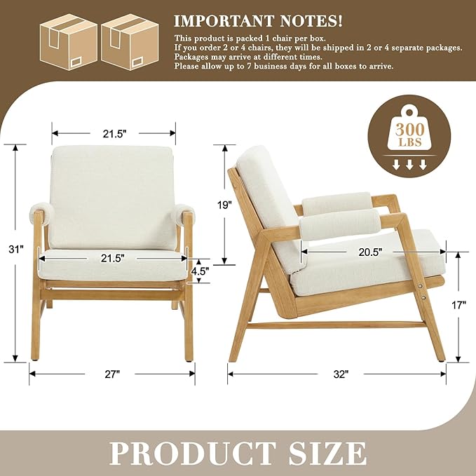 HEAH-YO Modern Accent Chair, Upholstered Linen Fabric Living Room Chair with Wooden Frame, Comfy Armchair with Thick Cushion for Bedroom Balcony, Beige