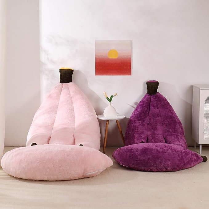 Banana Bean Bag Chair with Ottoman, Floor Sofa Bed with Footrest, Comfy Convertible Lounger for Adults, Plush Couch for Bedroom, Living Room or Dorm, L-Pink