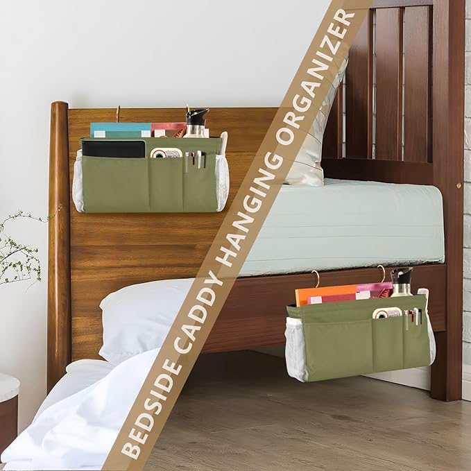 Olive Color Bedside Caddy Storage Bag Bedside Organizer for Dorm Room Top Bunk Bed Bedside Shelf Hanging Organizer 6 Pockets with Hooks for Glasses Book Tablet Holder