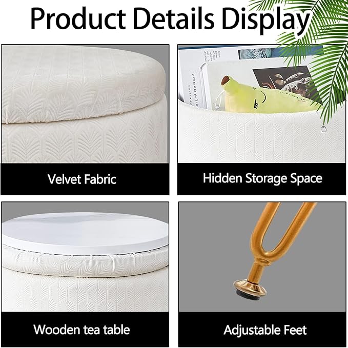 Cpintltr Velvet Storage Ottoman Round Footrest Stool Multifunctional Upholstered Ottoman Modern Accent Vanity Stools Tray Top Coffee Table Suitable for Living Room Bedroom Entryway Cream