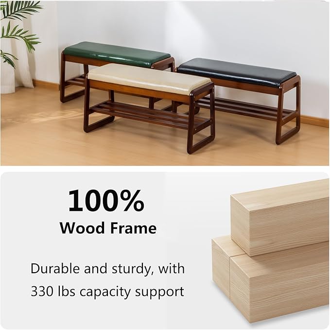 Solid Wood Shoe Bench, 2-Tier Entryway Bench with Cushion and Flip-Open Storage Box, Mid-Century Modern Shoe Bench Rack for Hallway, Mudroom(Green, 39.4'')