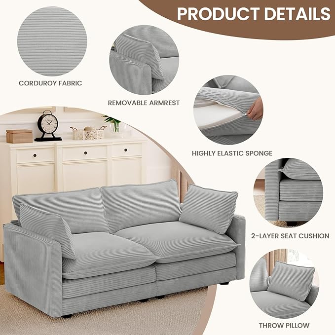 ROWHY 78'' Sectional 2 Seat Cloud Loveseat with 2 Throw Pillows, Modern Corduroy Love Seat, Cozy Sofa for Living Room, Office and Bedroom, Light Grey