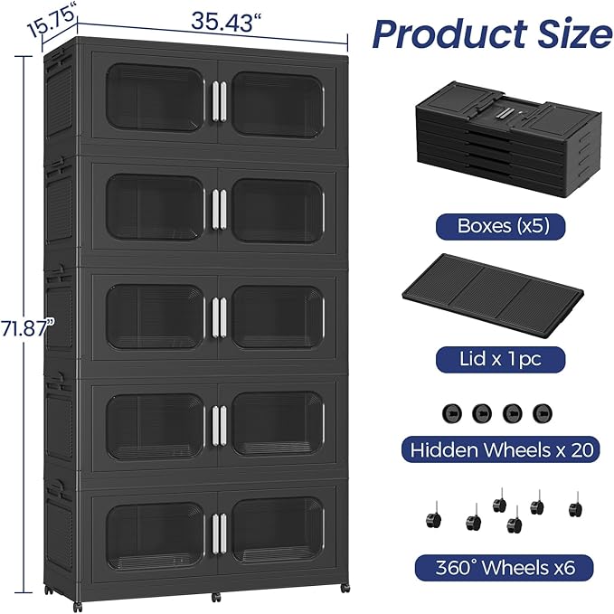250GAL Extra Large Storage Bins with Lid, 1000QT Storage Bins with Wheels, Folding Closet Organizer, Stackable Collapsible Plastic Storage Containers for Home, Office, Kitchen, 5Pack Black
