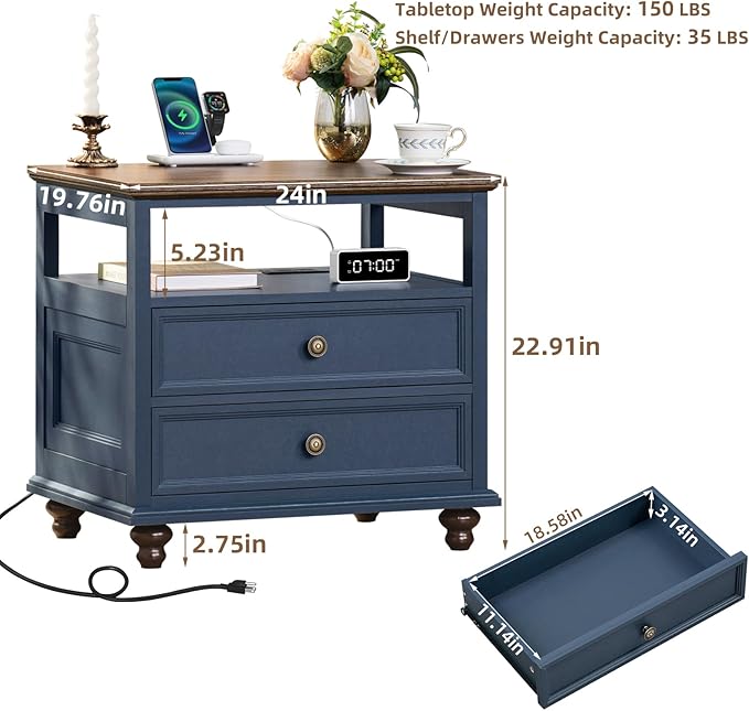 Farmhouse Nightstand with Charging Station, 24" Wide End Table with 2 Drawers, Blue Dresser for Bedroom, Bed Side Table Chest of Drawers Cabinet,Wood Night Stand for Living Room, Closet