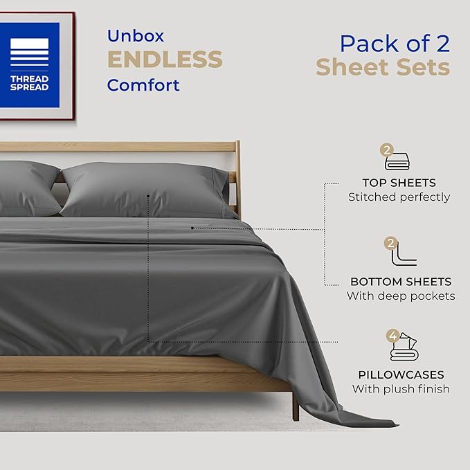 THREAD SPREAD 2-Pack Queen Size Sheets Set - 400 Thread Count 100% Cotton Sateen Weave - Extra Soft, Breathable, Hotel Quality Cooling Sheets, 2 Sets of Queen Size Deep Pocket Bed Sheets (Dark Grey)