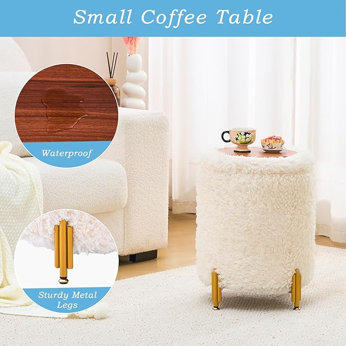 Mxfurhawa Round Ottoman Foot Stool with Storage and Metal Legs for Living Room Bedroom, Velvet Upholstered Footrest Stool Support 300lbs Modern Padded Seat Ottoman Coffee Table (White-Long Wool)