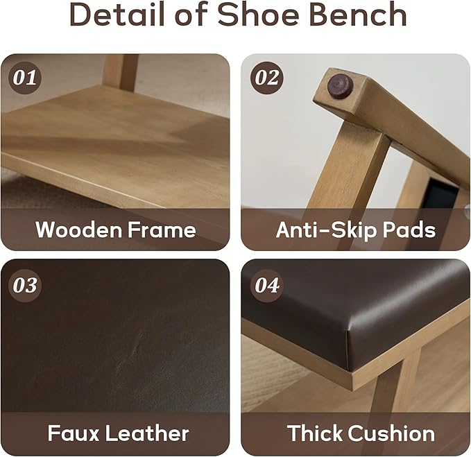 45" Entryway Bench Upholstered Storage Bench for Bedroom Shoe Rack Bench for Living Room, Hallway, Mudroom, Balcony, Sturdy Indoor Bench Seat Holds Up to 300 lbs (PU-Brown)