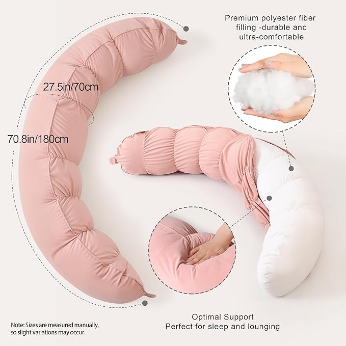 Peallow(Pat. Pend) – Long Round Body Pillow for Adults, Bolster Pillow for Sleeping, Soft and Supportive Pillow for Sleeping & Lumbar Support (Soft Pastel Pink, 59")