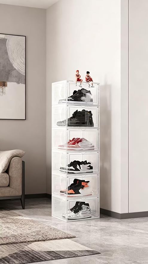 Transparent Plastic Stackable Shoe Storage Box, 6 Pack Side Opening Shoe Box, Suitable For Storing And Displaying Sneakers 13'' x 11.2‘ x 7.5’ (Transparent Colour)
