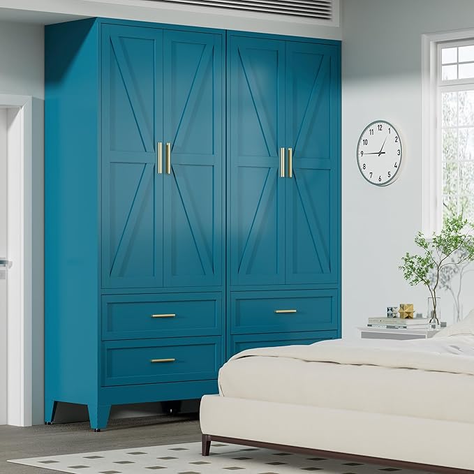 COFaR Metal Wardrobe Cabinet, 71 Farmhouse Armoire Wardrobe Closet with Rods, 2 Barn Doors, Adjustable Shelves, Steel with 2 Drawer Bedroom armoires, Blue Green