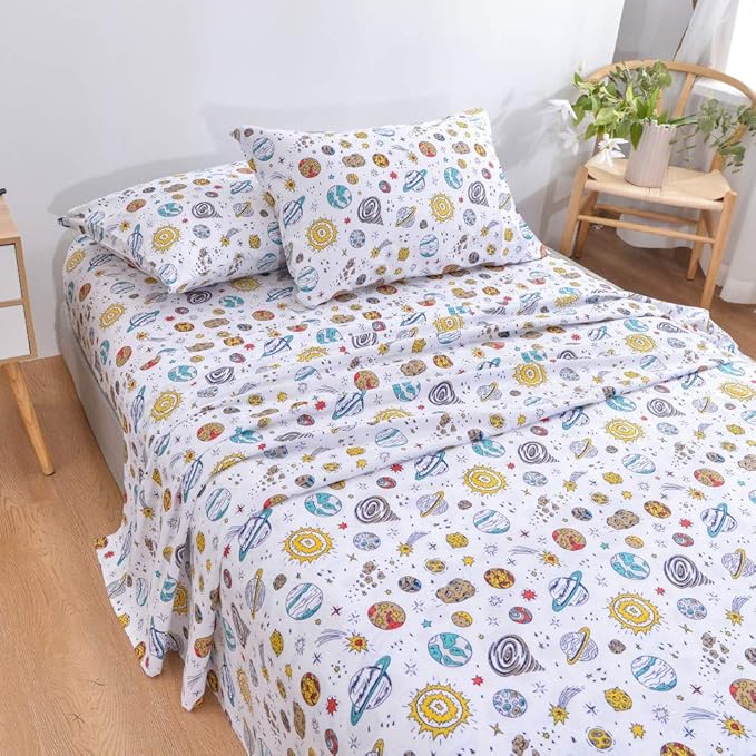 JSD Universe Planets Kids Sheet Set Full Size, 4 Piece Space Theme Microfiber Sheets Deep Pocket