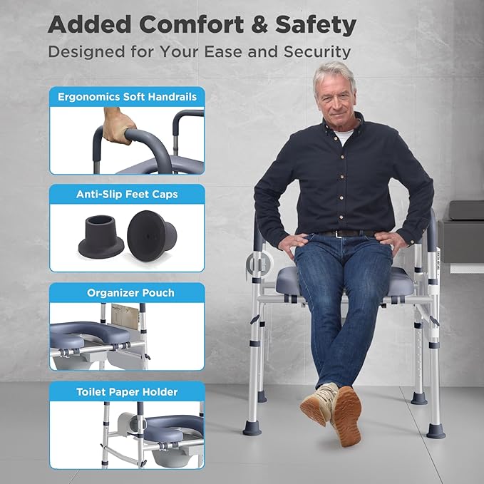 Bedside Commode for Seniors, FSA/HSA Eligible Bedside Toilet with Adjustable Width and Height, 400 LBS Weight Capacity, 16.5 Inch Extra Large Soft Seat Plate
