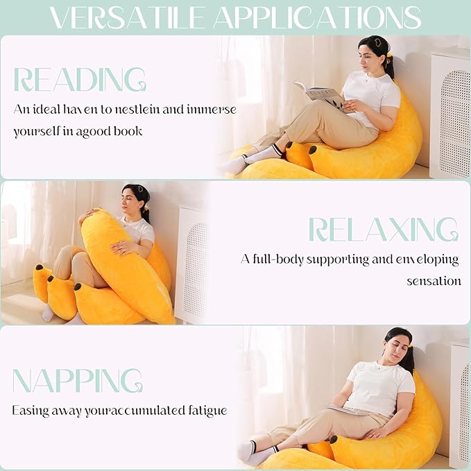 Banana Bean Bag Chair with Ottoman, Floor Sofa Bed with Footrest, Comfy Convertible Lounger for Teens & Adults, Plush Couch for Bedroom, Living Room or Dorm, M-Yellow