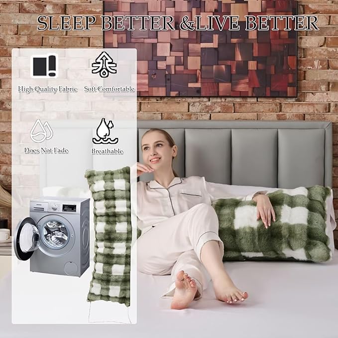 Full Body Pillow 20x54 Inch,Memory Foam Pregnancy Pillow for Side Sleepers,Orthopedic Back Support Maternity Pillow for Women (with Removable Cover)-Sage Green Grid Print