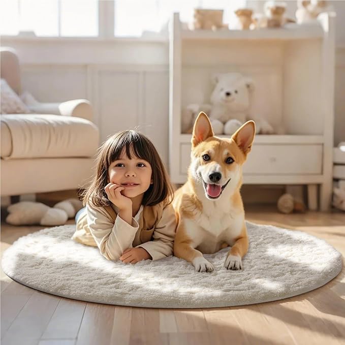 Ophanie Round Rugs 3Ft Ivory Circle Area Rug,Christmas Room Decor, Aesthetic Nursery Bedroom Carpet, Fluffy Fuzzy Plush Soft Shaggy Cream Living Room Rugs for Kids Boys Girls Teen Baby Home, Dorm