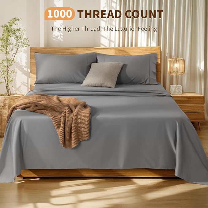 LBRO2M 100% Cotton Sheets Set Deep Pocket 19", 1000 Thread Count California King Size 4 Piece Bed Sheet Sets Soft Comfortable Bedding All Season (California King, Gray)