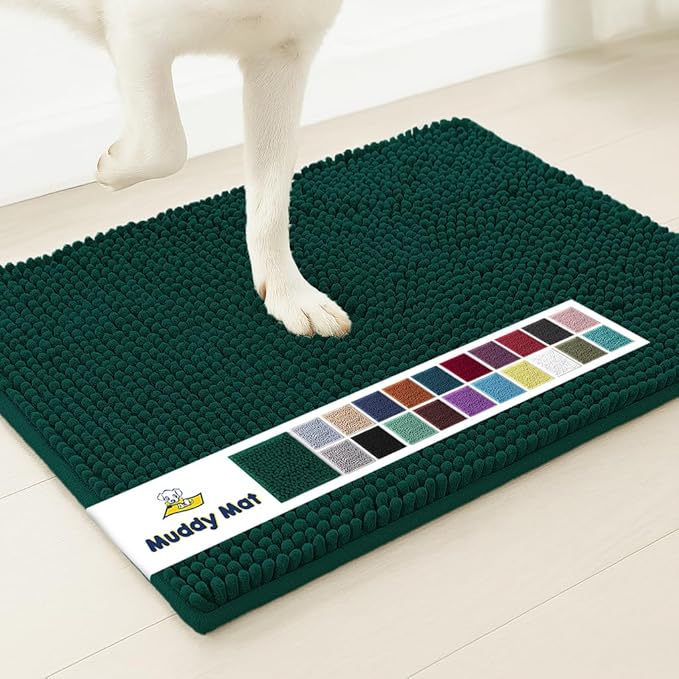Muddy Mat® Shown on TV – Super Absorbent Microfiber Dog Door Mat for Muddy Paws, Non-Slip Washable Pet Rug, Quick Dry Chenille Entryway Carpet, Machine Washable Indoor Outdoor mat, Dark Green 28"x18"