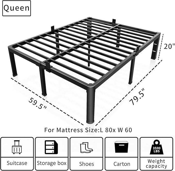 ROIL 20 Inch Queen Bed Frame with Rounded Corner and Headboard Hole Mattress Retainers 3500LBS Metal Heavy Duty Steel Slats No Box Spring Needed Platform Noise-Free Easy Assembly