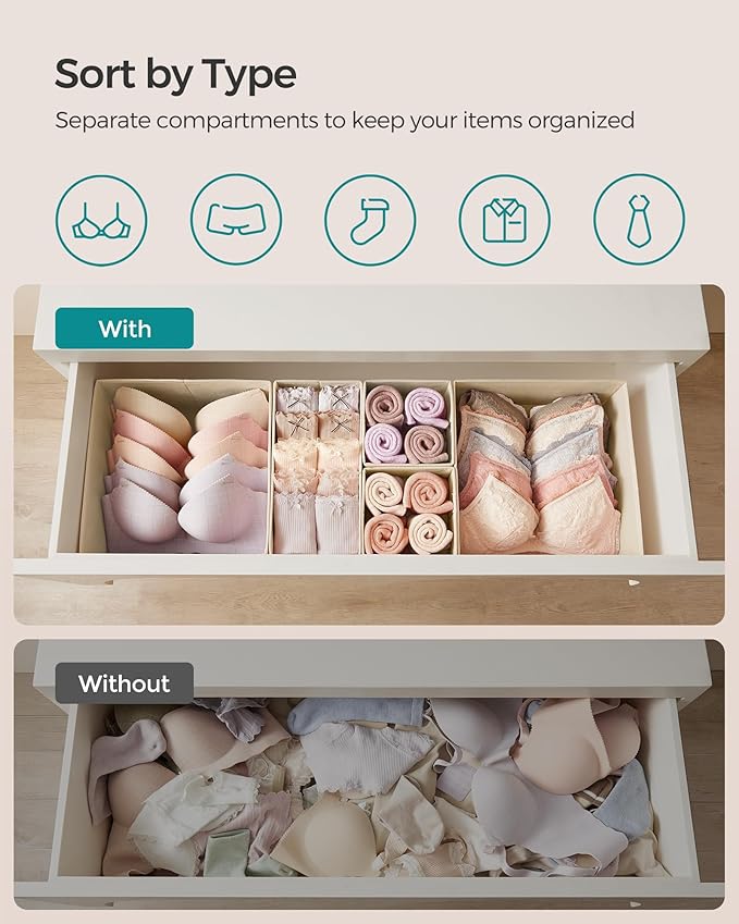 SONGMICS Drawer Organizers, Dresser Divider Organizers, Set of 12, Foldable Fabric Storage Boxes for Socks, Underwear, Bras, Ties, Scarves, Summer Sand URDZ006Y02