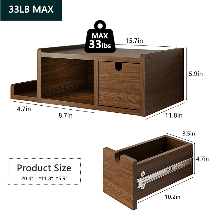 Floating Nightstand Wall Mounted, Walnut Bedside Table with Drawer, Open Cubby & Reversible Side Shelf, Space-Saving Floating End Table for Bedroom/Living Room (Walnut)