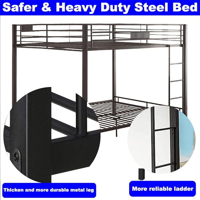 Upgraded Version Thicken Metal Heavy-Duty Queen Over Queen Bunk Bed, Best Industrial Style Stronger Queen Size Bunk Bed Frame with Ladder for Adults, Easy Assembly (Queen Over Queen-A)