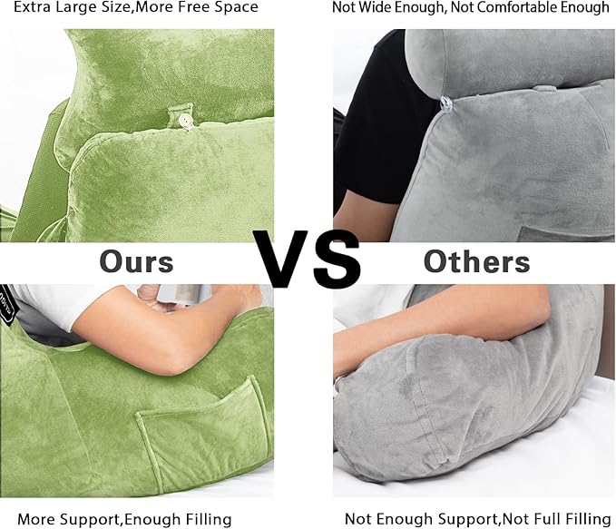 Reading Pillow-Extra Large 31" Bed Rest Pillow with Detachable Neck Roll & Arms for Sitting in Bed or Couch-Backrest Reading Pillow Adult Back Pillows for Reading/Watching TV/Gaming/Relaxing-Green