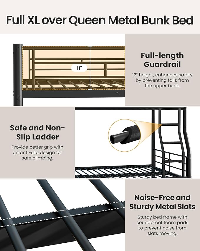 Full XL Over Queen Bunk Bed with Trundle, Heavy-Duty Metal Bunk Bed w/Full-Length Guardrail & EVA Padded Ladder, Convertible to 3 Separate Beds for Adults, Teens, Noise-Free, Black