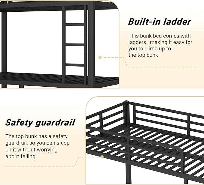 Twin Over Twin Bunk Bed Frame, Heavy Duty Metal Loft Bed for Adults/Teens, 250/400LB Capacity w/Ladder & Guardrail, Noise-Free Steel Slats, No Box Spring Required, Black