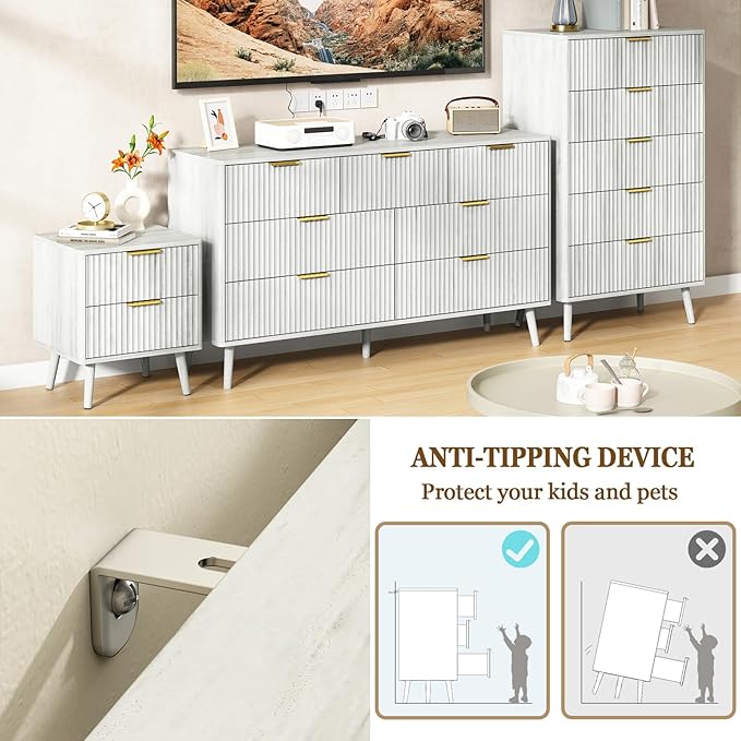 CARPETNAL Fluted 7 Drawer Dresser for Bedroom, 55" Wide Wooden Chest of Drawers with Rounded Corners, Gold Handles, Modern Storage Organizer for Bedroom, Hallway(White)