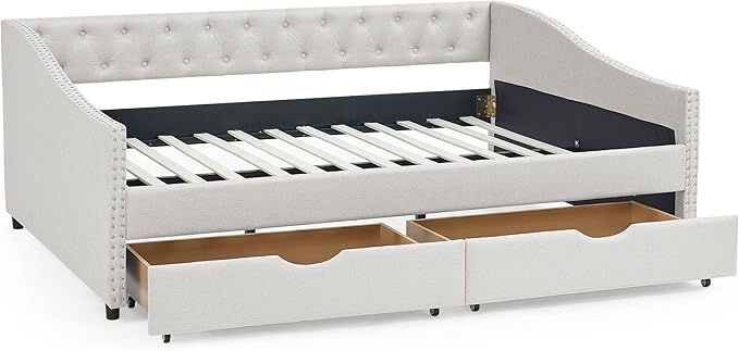 Favfurish Full Size Daybed with 2 Storage Drawers,Linen Upholstered Sofa Bed W/Button on Back & Copper Nail on Waved Shape Armrests,No Spring Box Need,Wood Bedframe for Living Room Bedroom Dorm,Beige