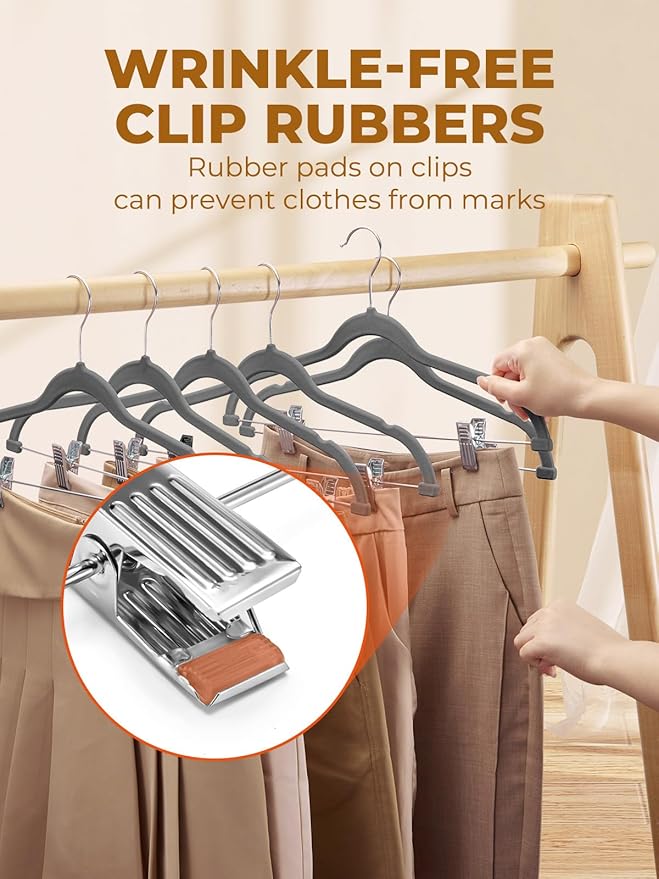 HOUSE DAY Velvet Skirt Hangers 36 Pack, Gray Velvet Hangers with Adjustable Clips, Space Saving Slim Velvet Pant Hangers, Heavy Duty Shorts Hangers, Non Slip Clip Hangers for Pants, Skirts, Shorts